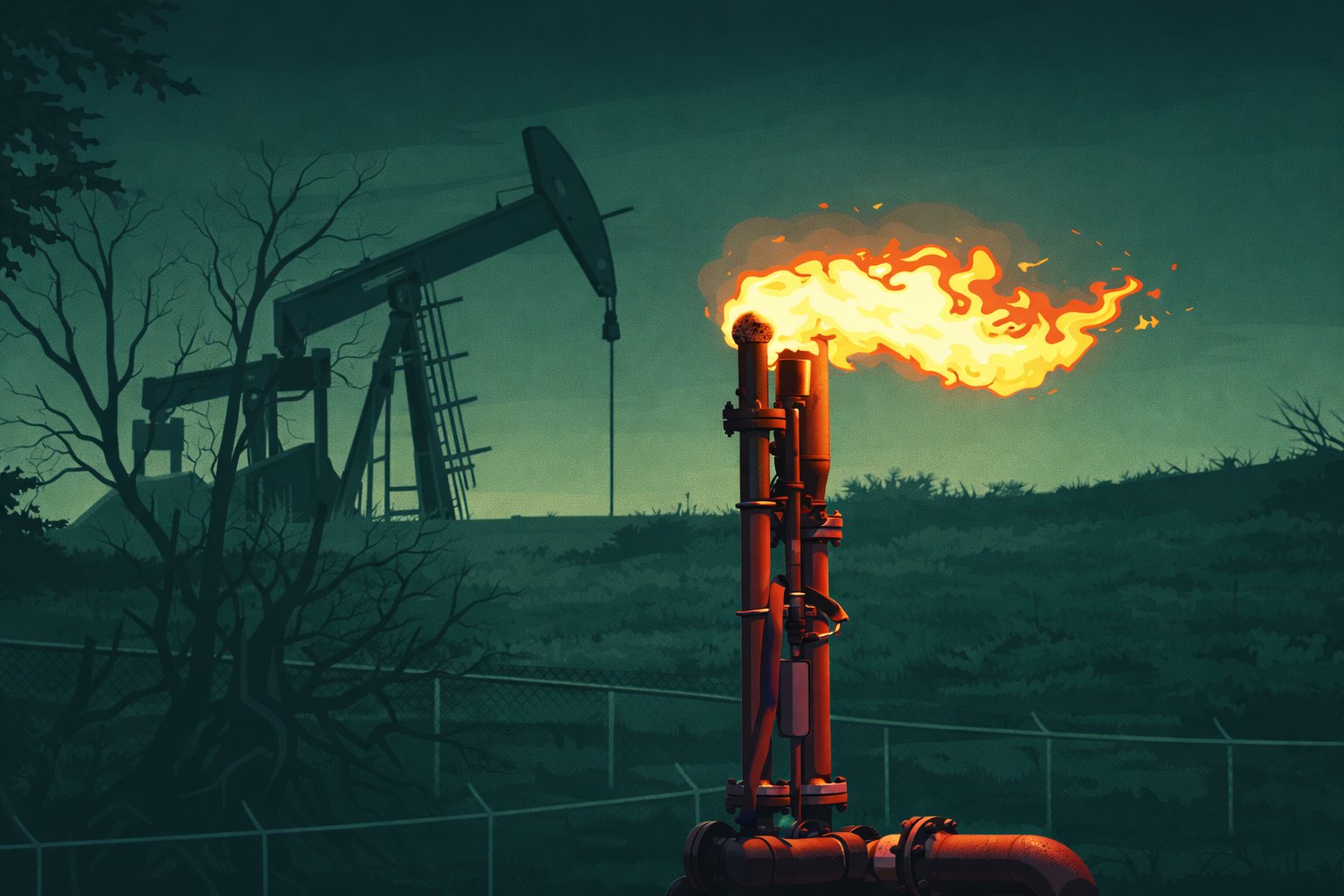 Methane flaring at oil well