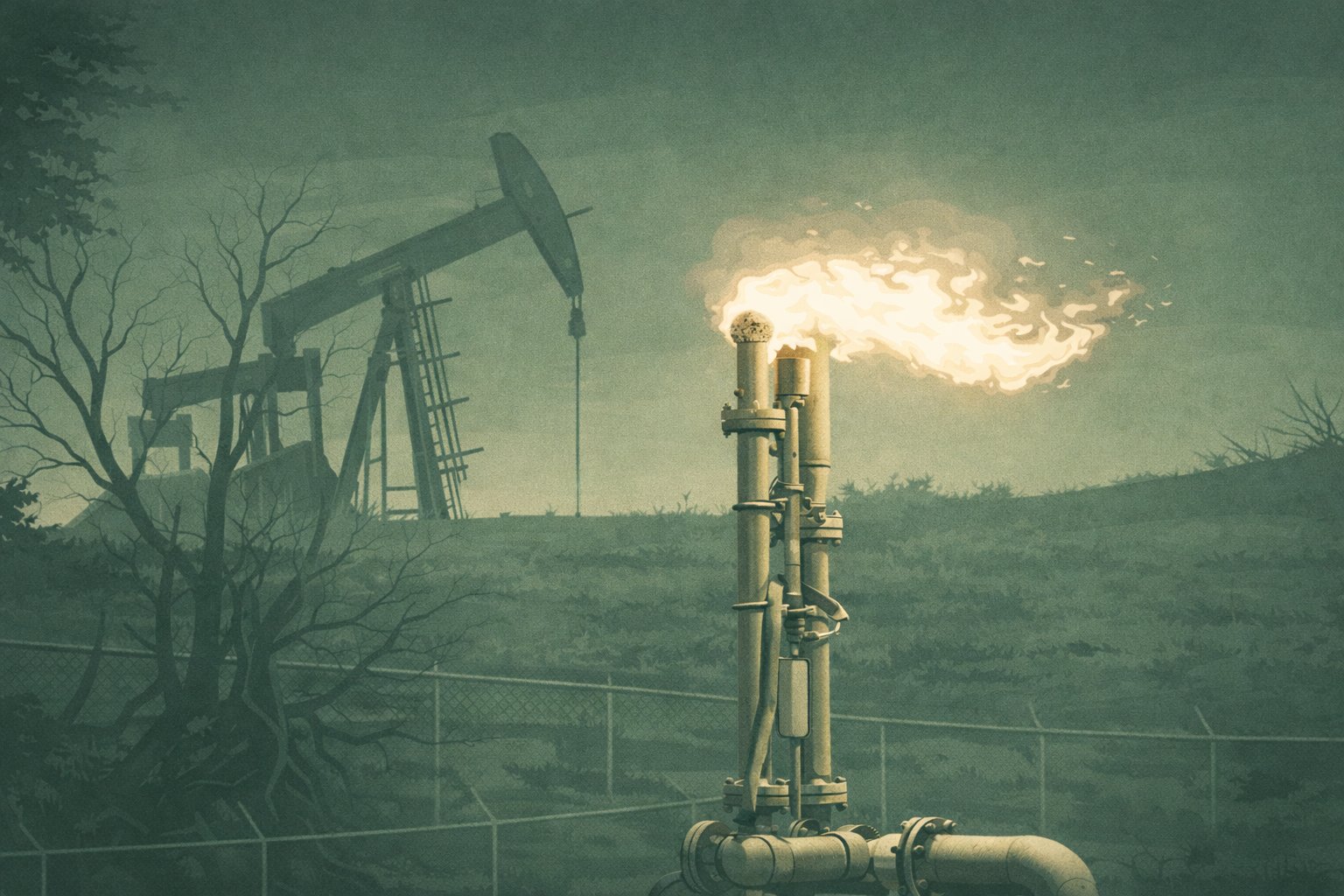 Methane flaring at oil well
