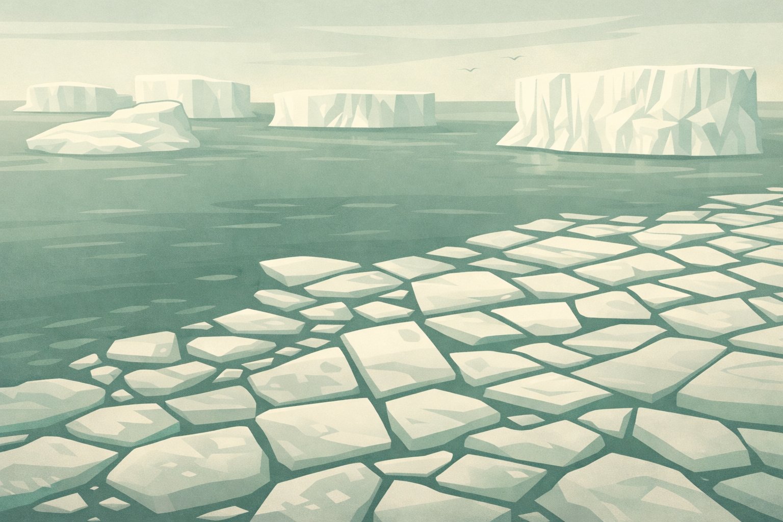 Sea ice floes and icebergs